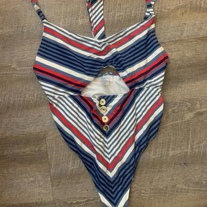 Time and tru swimsuit XL Sz 16-18 blue Stripes lines peep hole Waist 4th of July